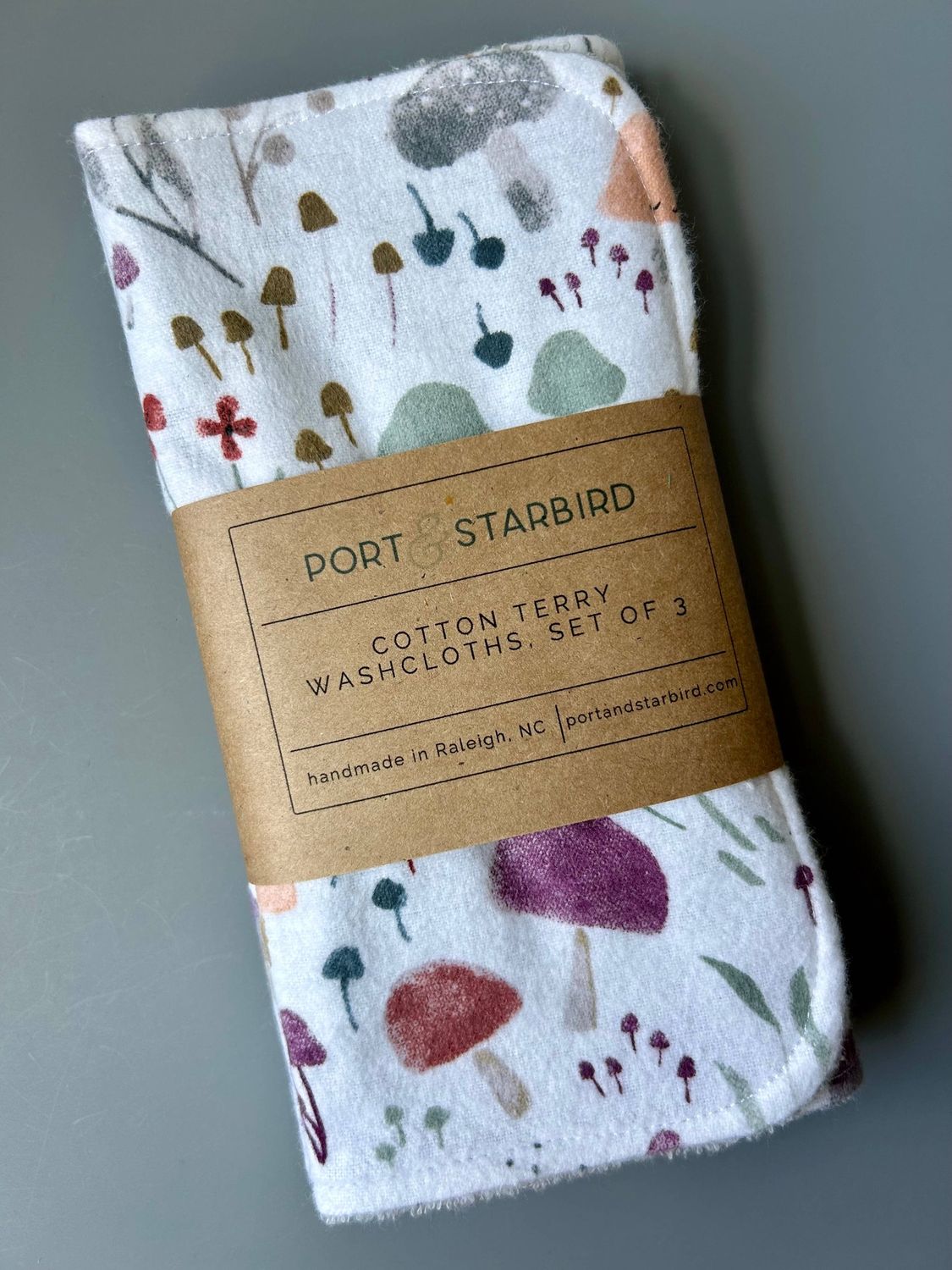 Mushroom Friends Cotton Flannel Terry Washcloths, set of 3