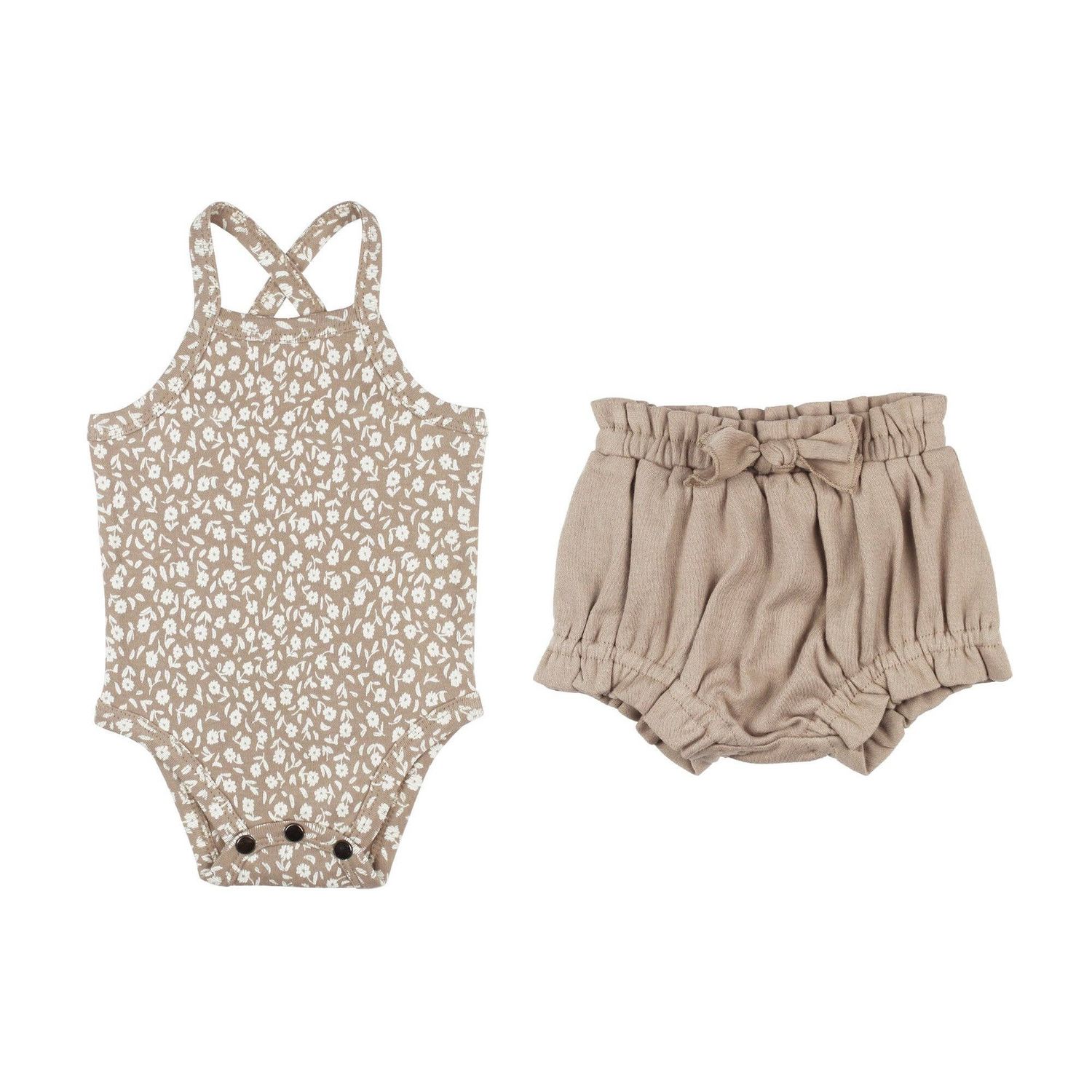 Oatmeal Ditsy Floral | Organic Criss-Cross Bodysuit and Ruffle Bloomer Set
