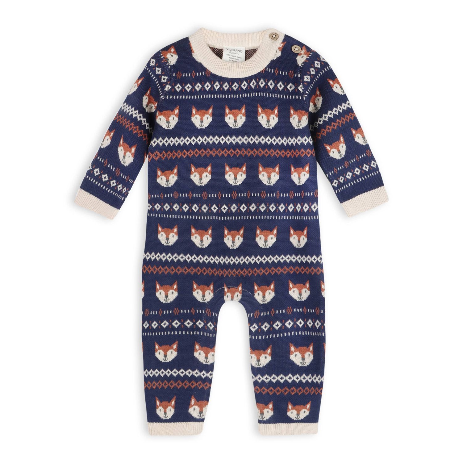 Fox Baby Knit Jumpsuit (Organic Cotton), Color: Navy, Size: 3-6M