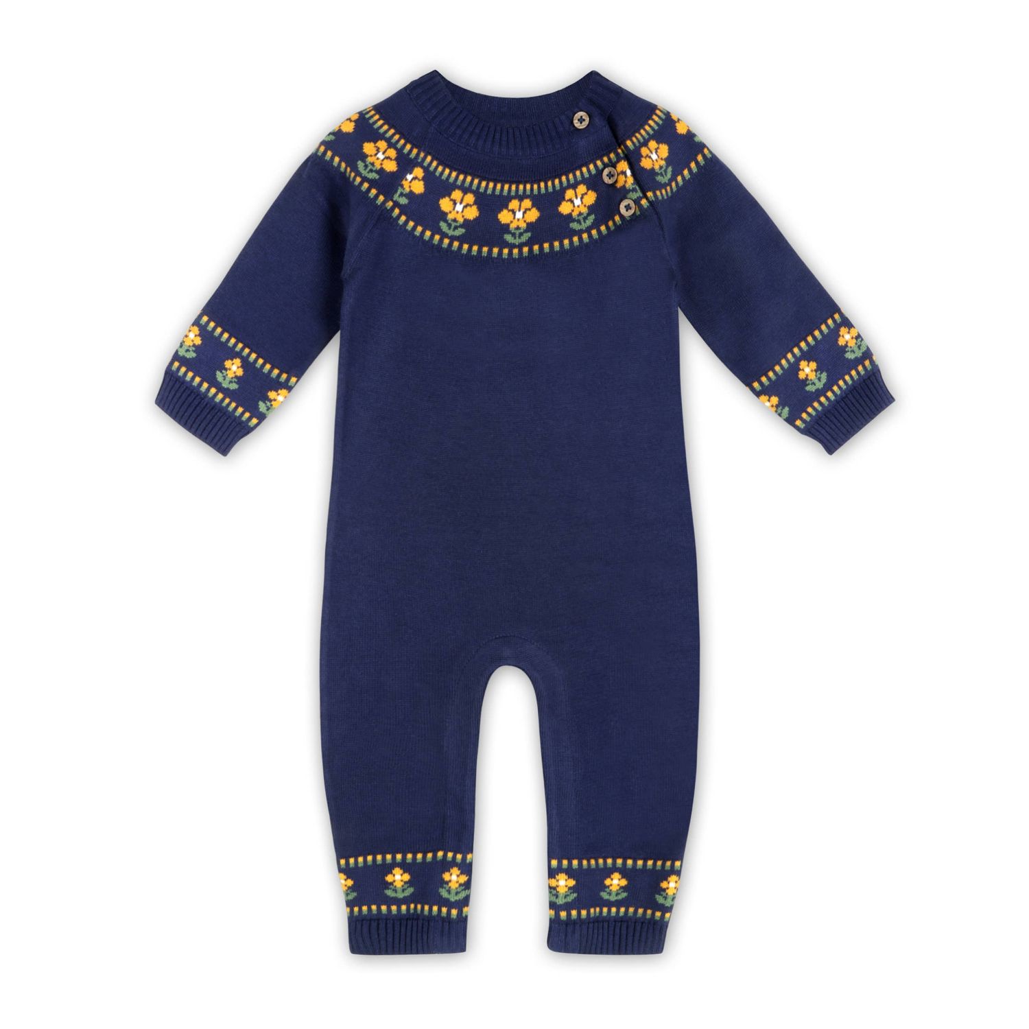 Floral Fair Isle Knit Baby Jumpsuit (Organic Cotton), Color: Navy, Size: 0-3M