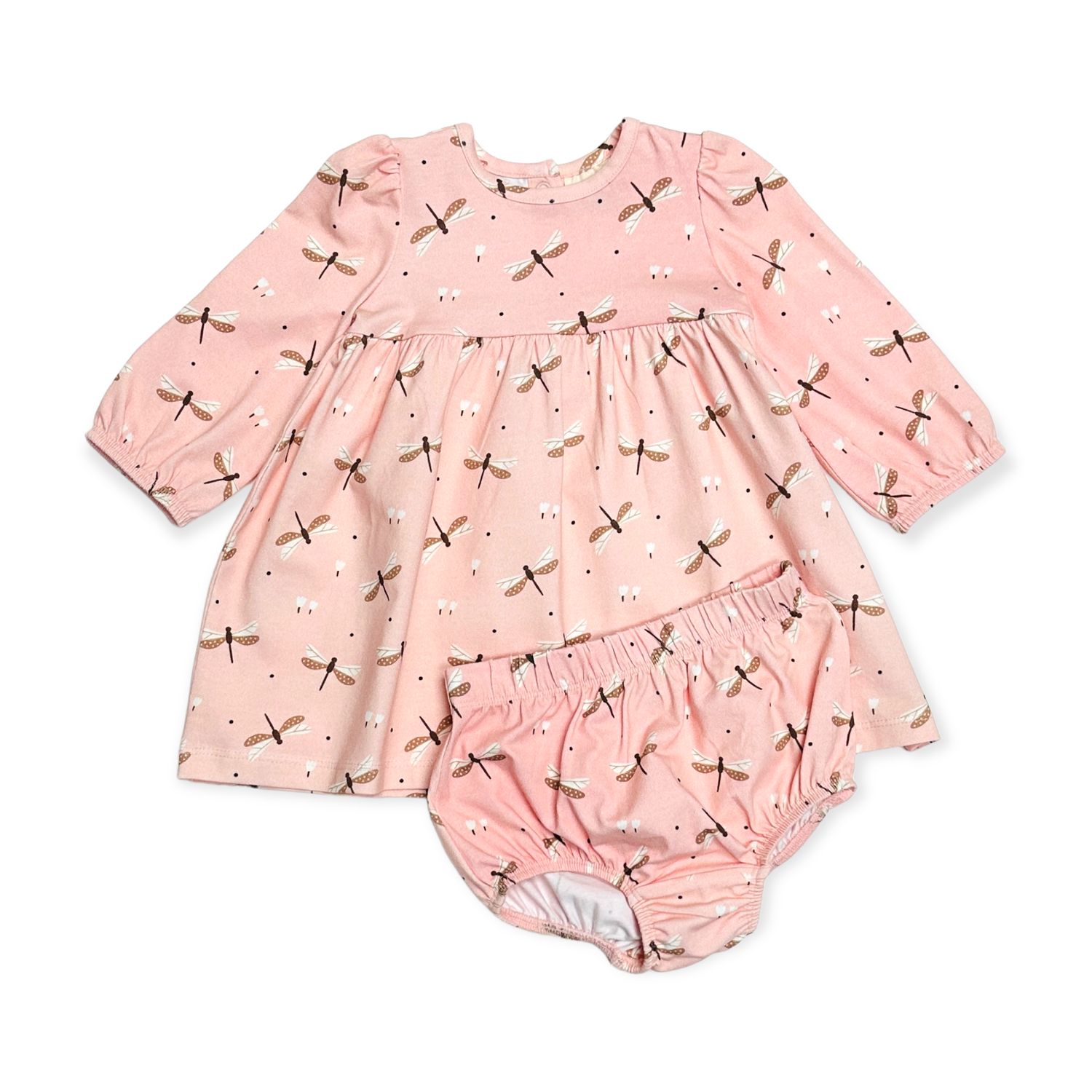 Dragonfly Flare Baby Dress + Bloomer SET (Organic Jersey), Color: Rose Pink, Size: 3-6M