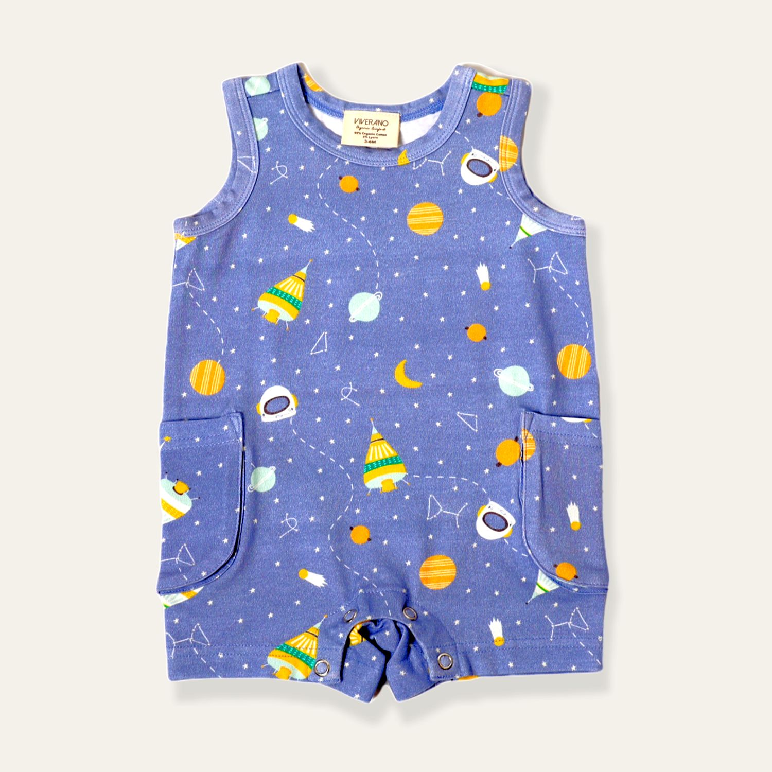 Space Dream Side Pocket Shortie Romper (Organic Cotton), Color: Blue, Size: 0-3M