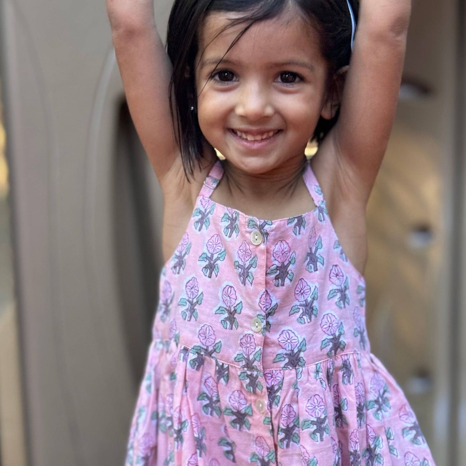 Girls' Block Printed Floral Pink Strap Dress