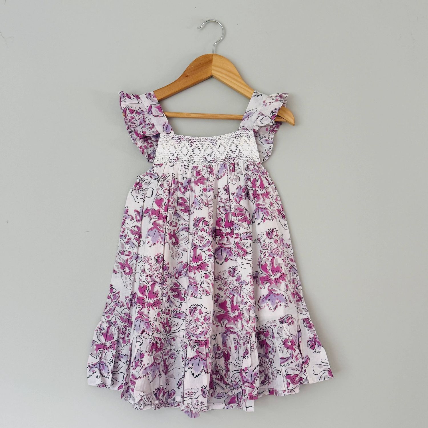 Girls Cotton Block Print Dress | Crochet Lace Yoke