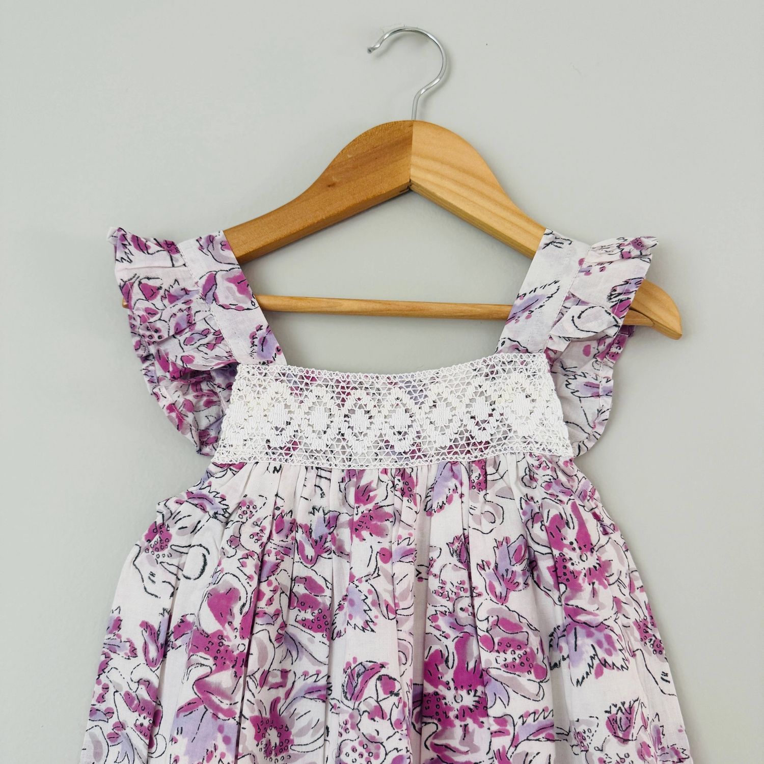 Girls Cotton Block Print Dress | Crochet Lace Yoke
