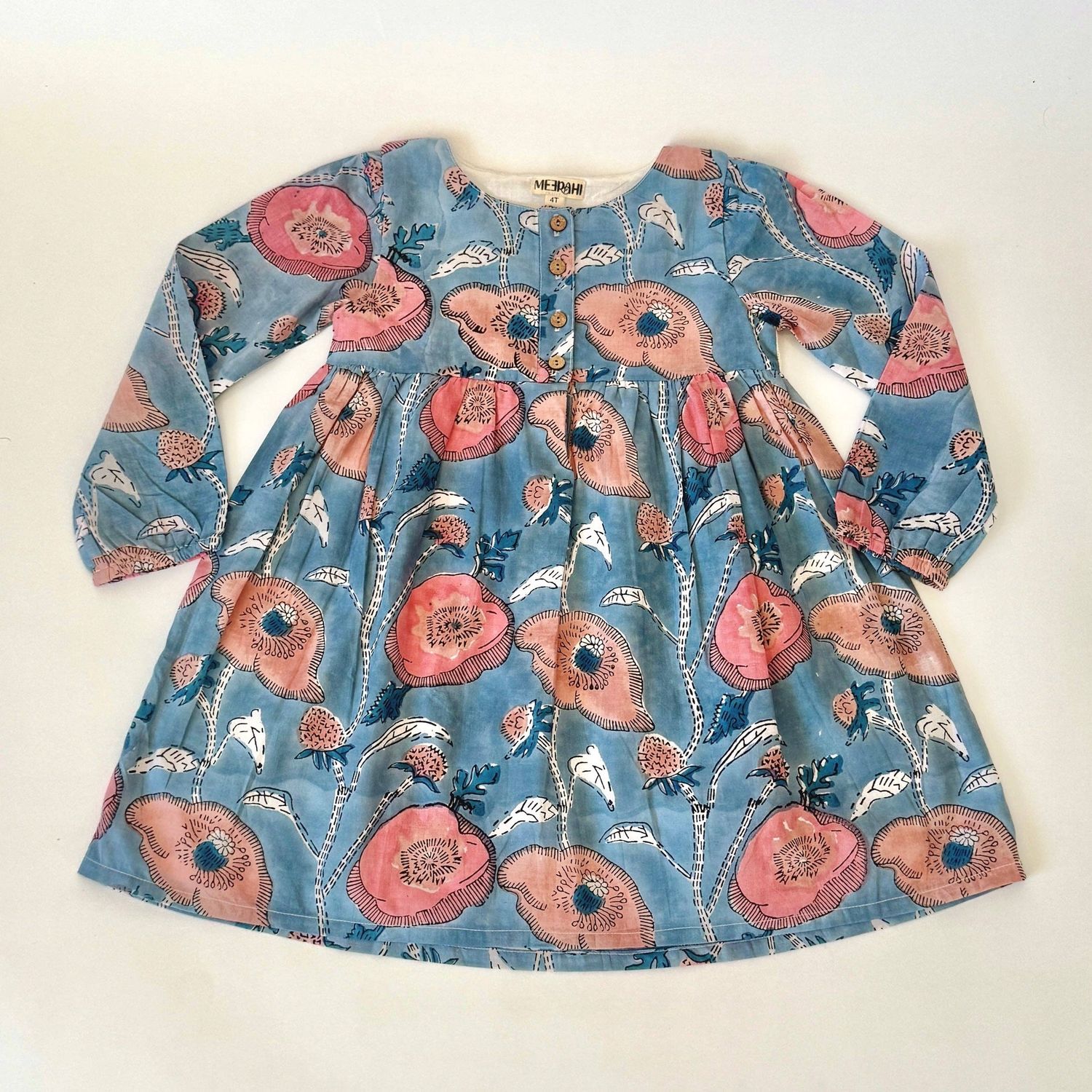 Hand Printed Multicolor Floral Girls' Dress