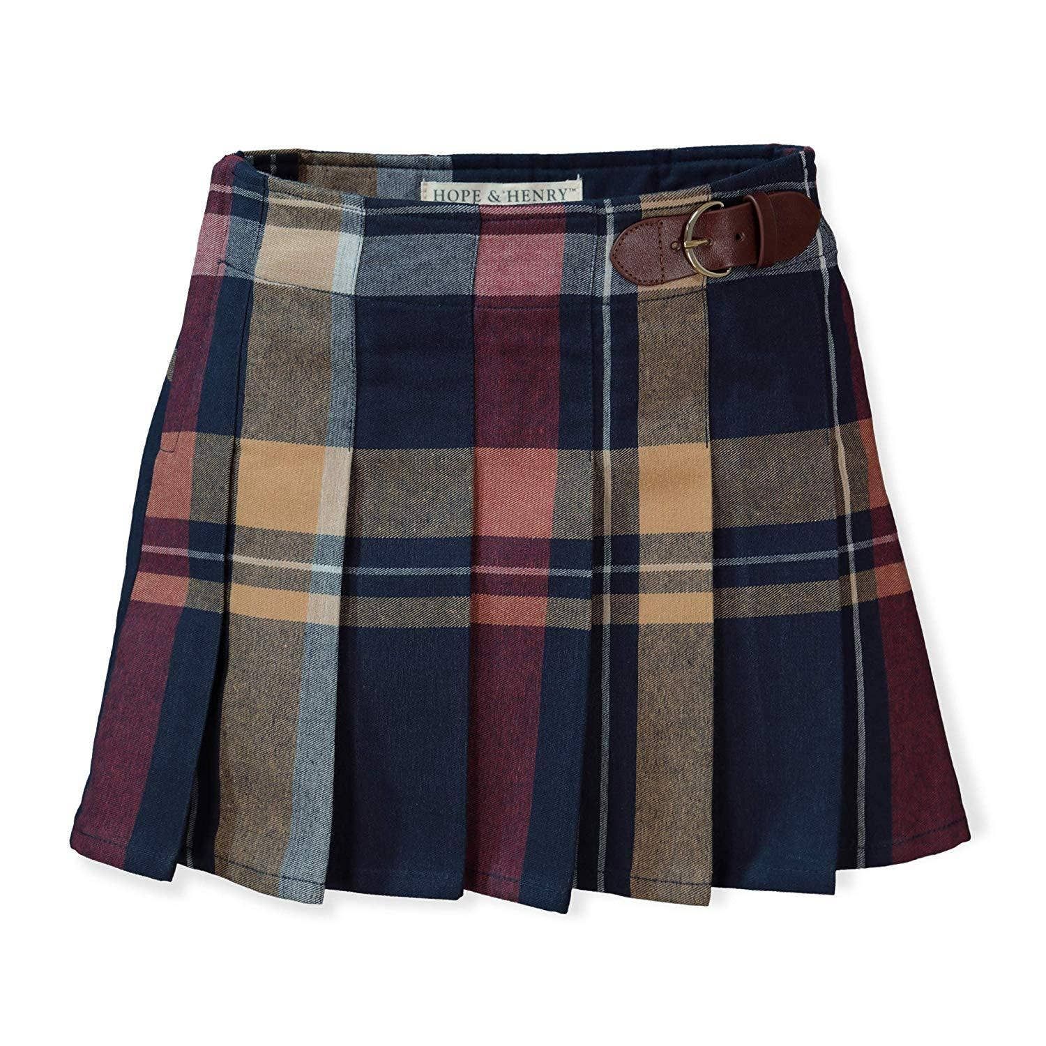 Organic Pleated Skirt with Buckle Detail, Color: Large Navy Plaid, Size: 2T