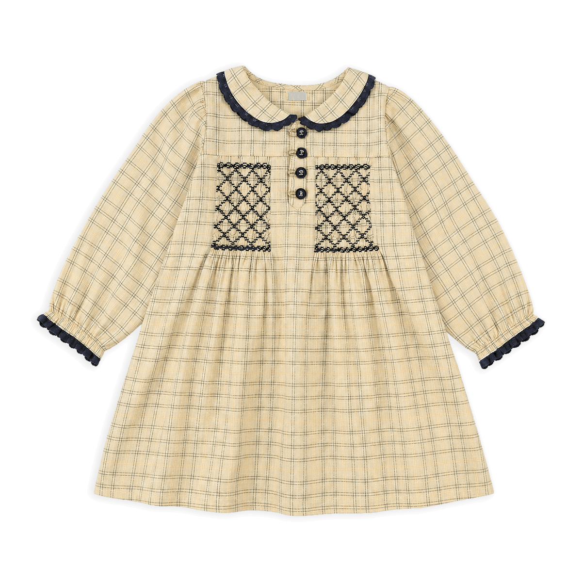 Hand Smocked Gingham Baby Dress Organic Cotton, Color: Oat, Size: 6-12M