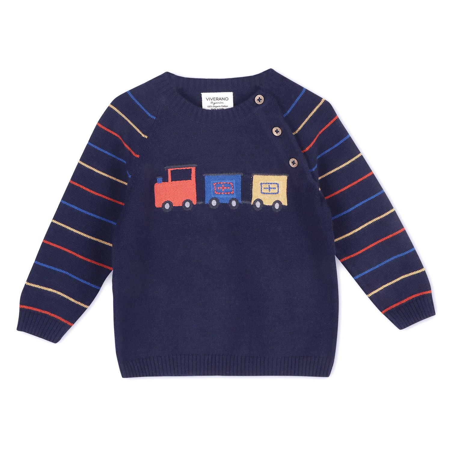 Train Jacquard Knit Baby Raglan Pullover Sweater (Organic), Color: Navy Blue, Size: 18-24M