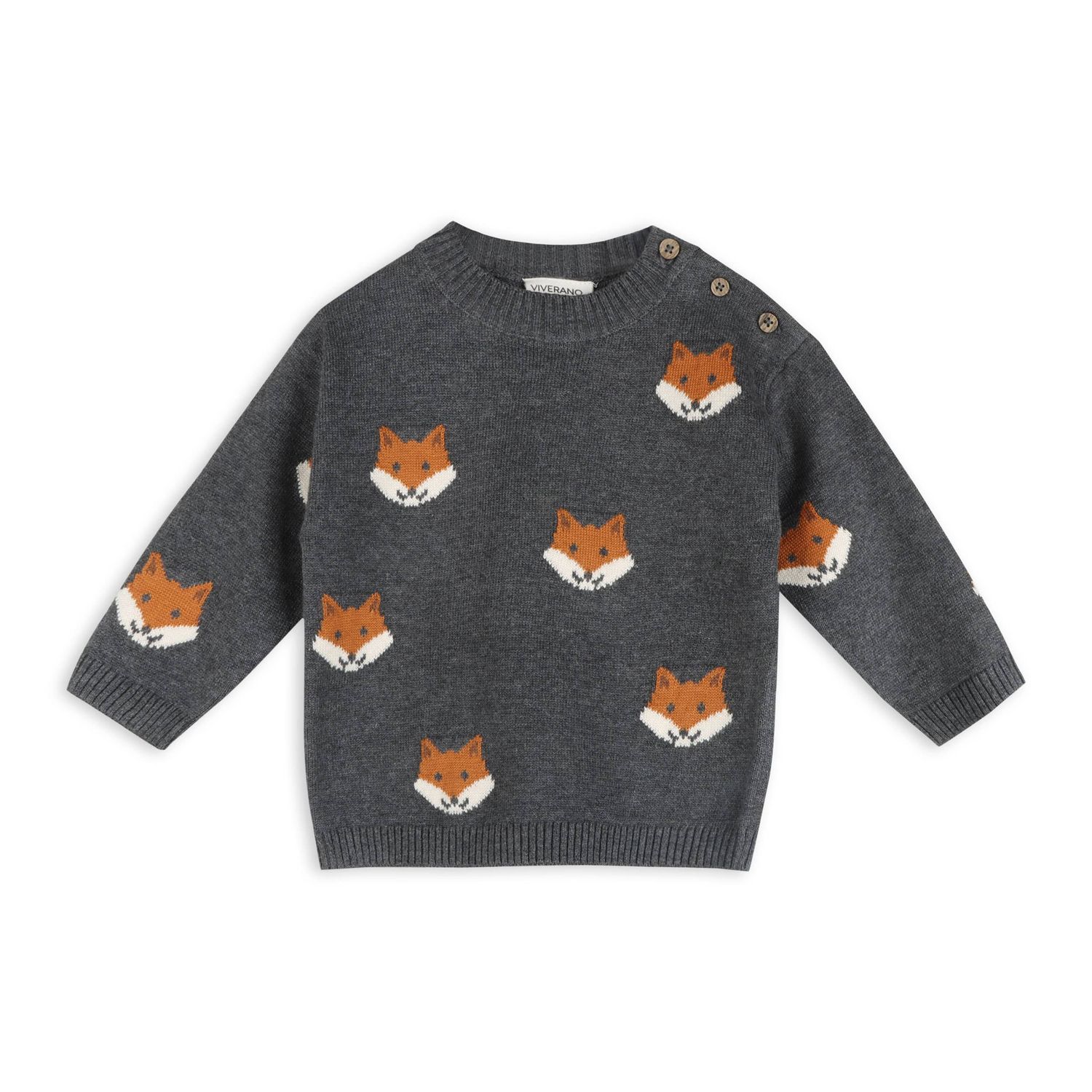 Fox Jacquard Knit Baby Pullover (Organic Cotton), Color: Charcoal, Size: 3-6M