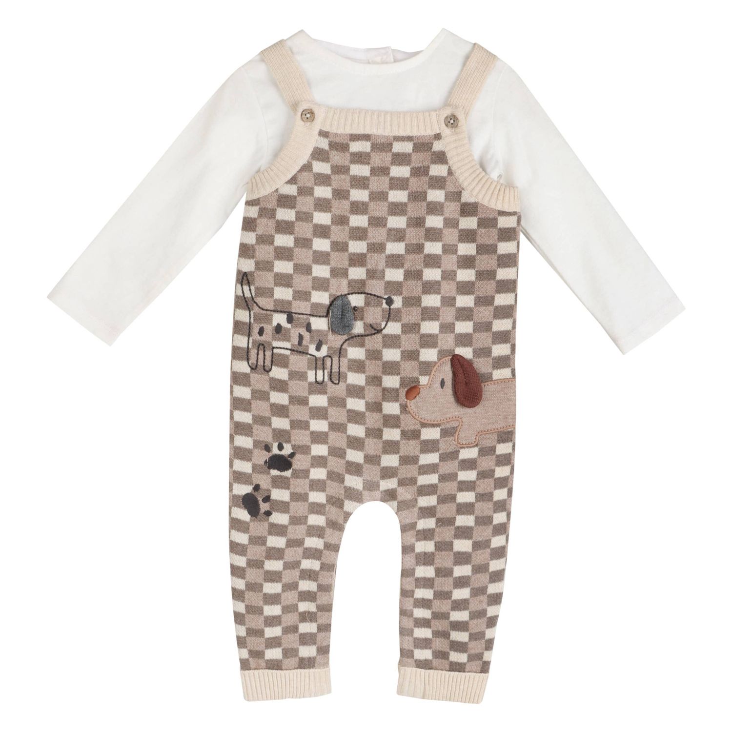 Check Dog 3D Knit Baby Overall Set (Organic Cotton), Color: Marl Brown, Size: 12-18M