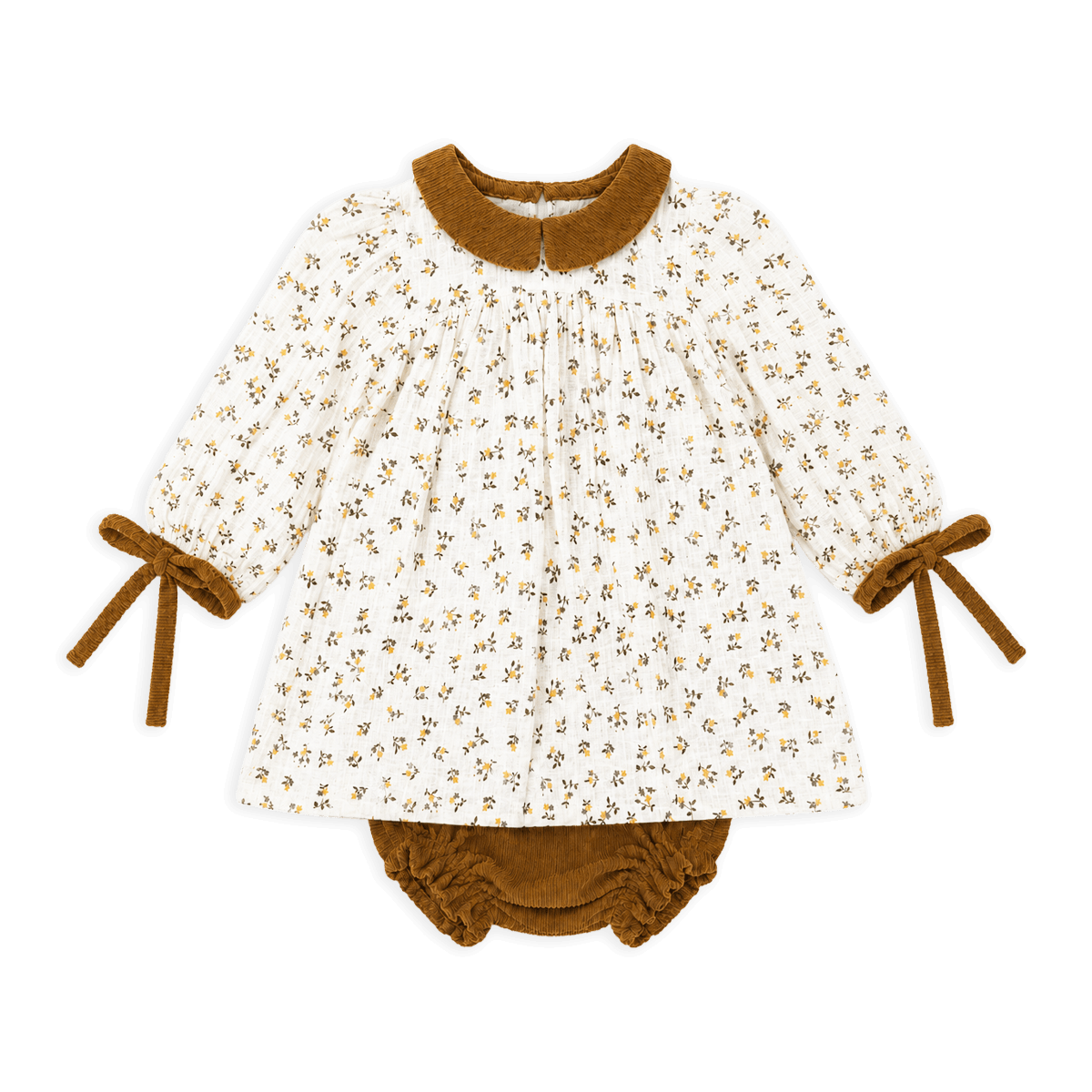 Ditsy Floral Baby Dress Corduroy Bloomer (Organic), Color: Mustard, Size: 18-24M