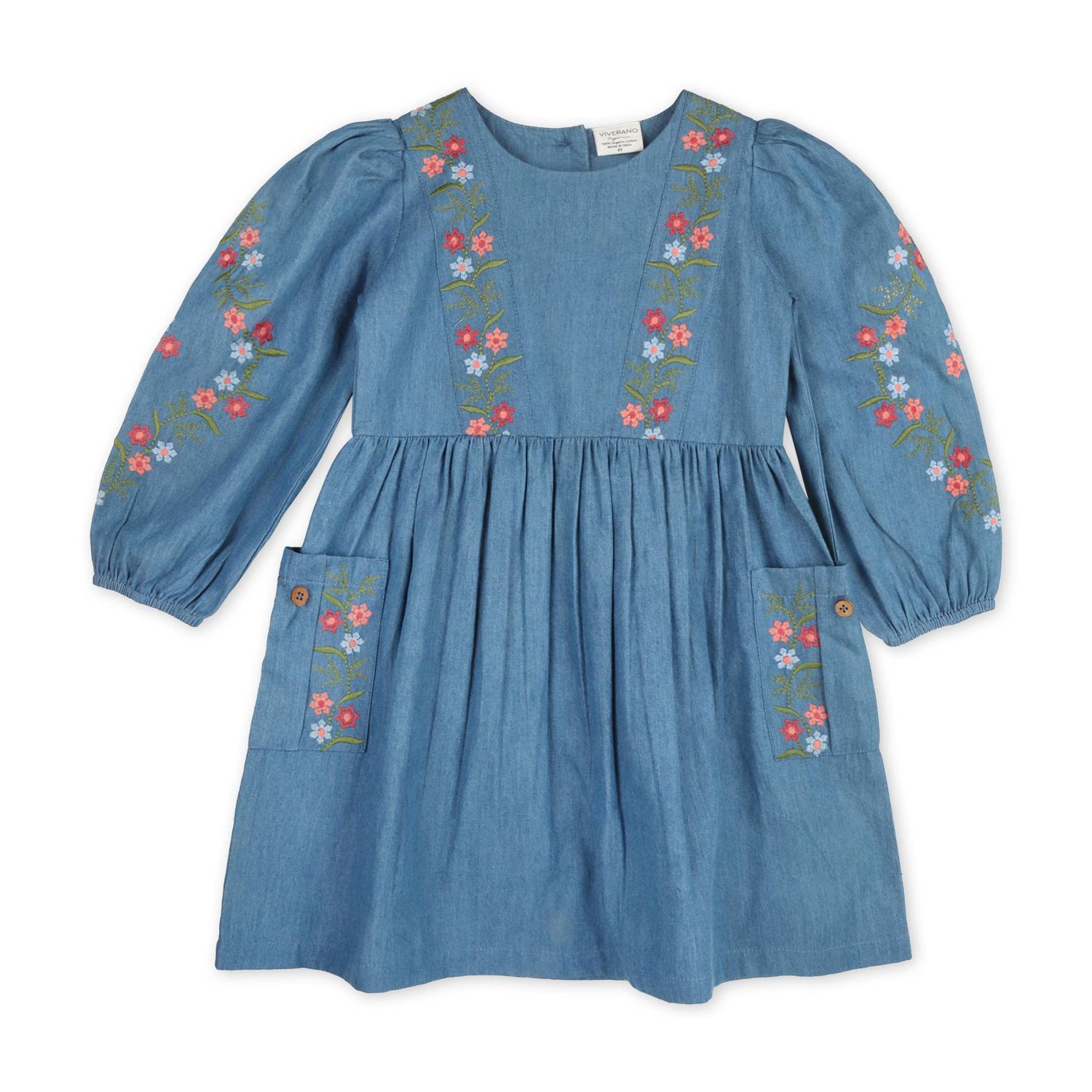Sophie Floral Embroidered Denim Dress (Organic Cotton), Color: Denim Bue, Size: 5Y