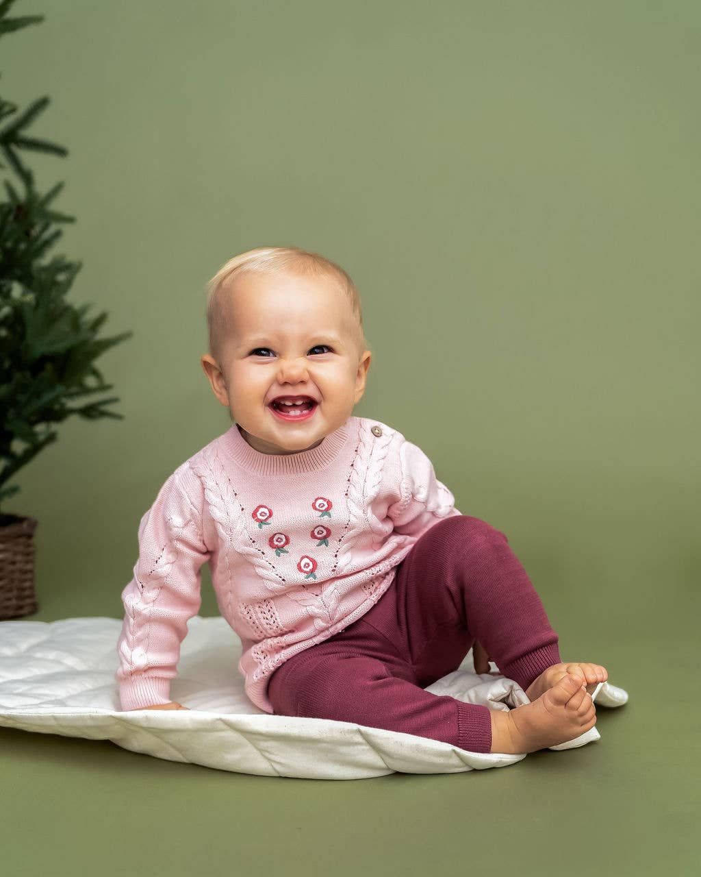Floral Embroidered Cable Knit Baby Sweater Pullover -Organic