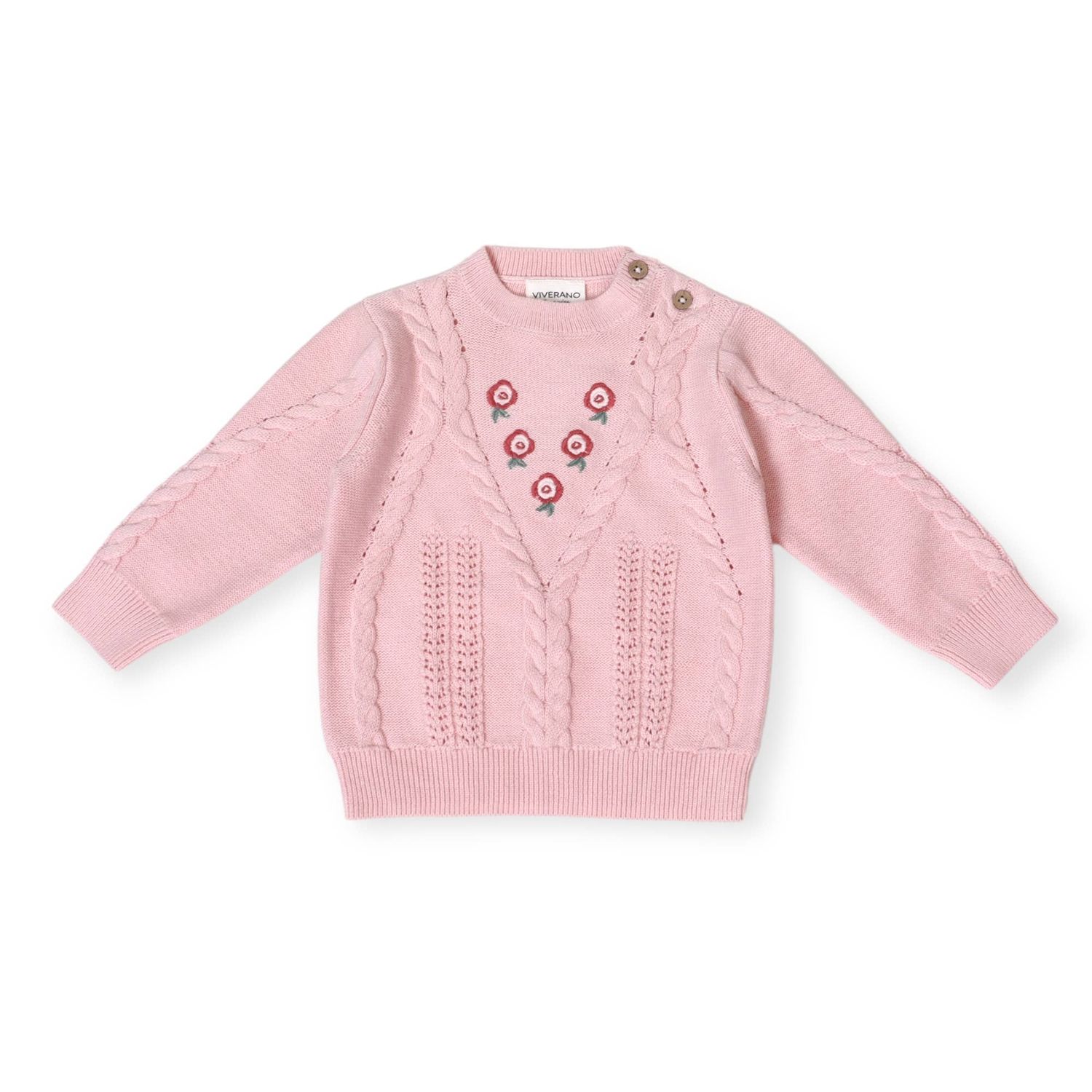 Floral Embroidered Cable Knit Baby Sweater Pullover -Organic