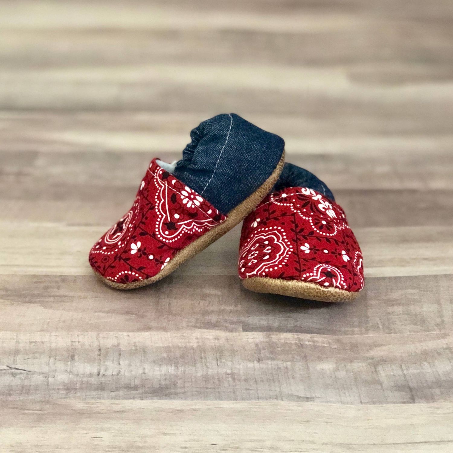 Red Paisley and Denim Moccasins