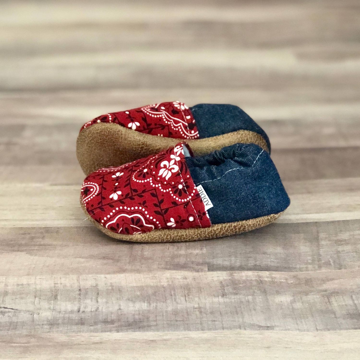 Red Paisley and Denim Moccasins, Size: 0 - 3 Months