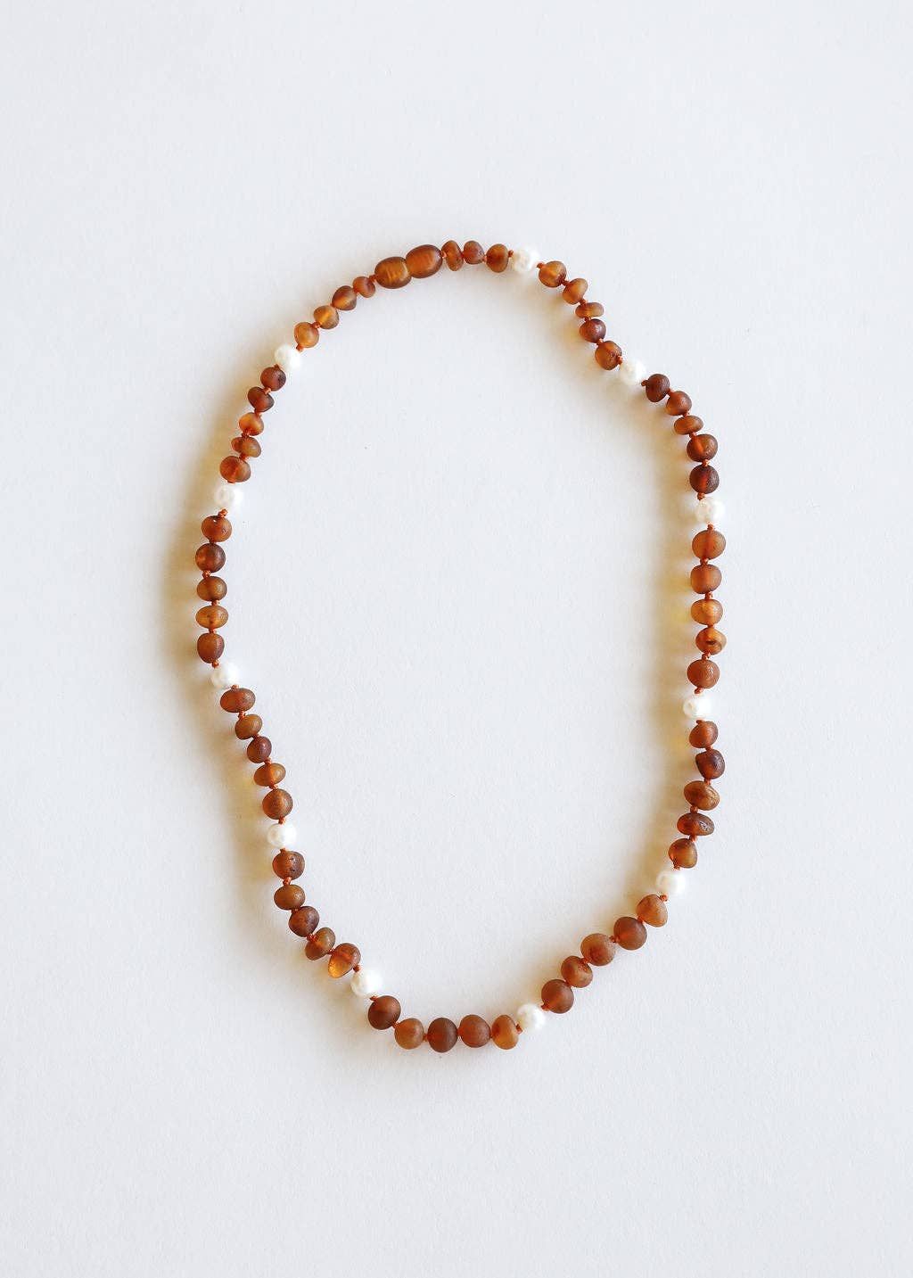 Raw Cognac Baltic Amber + Pearl, Size: 11" Baby Necklace