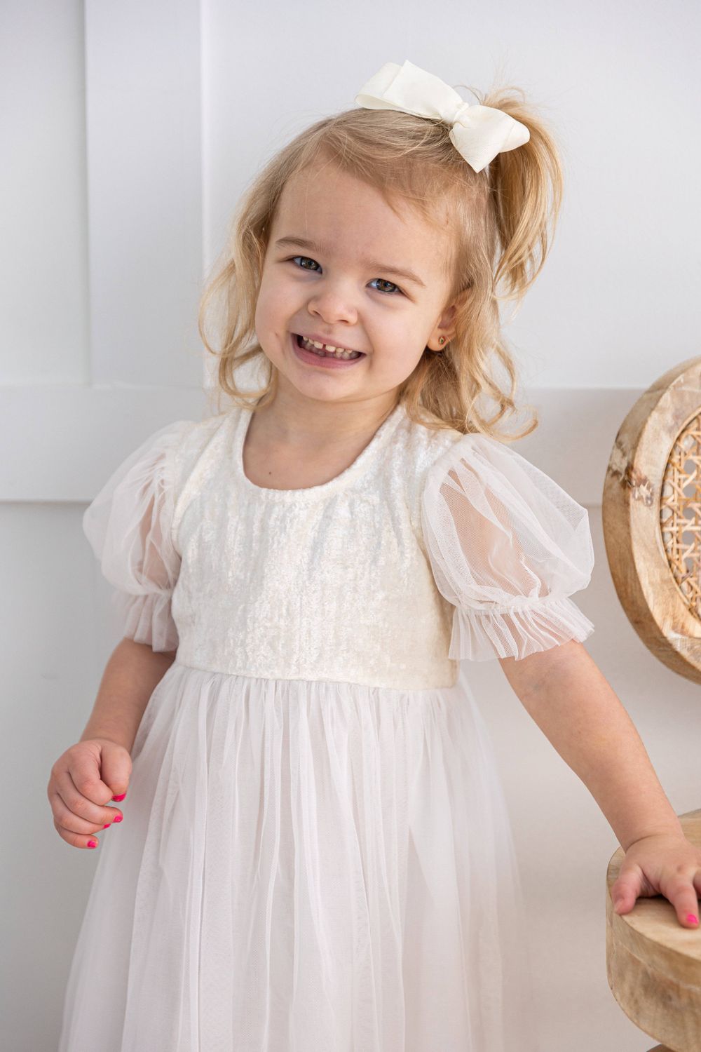 White Tulle Puff Sleeves Gathered Dress Cotton Girls Dress