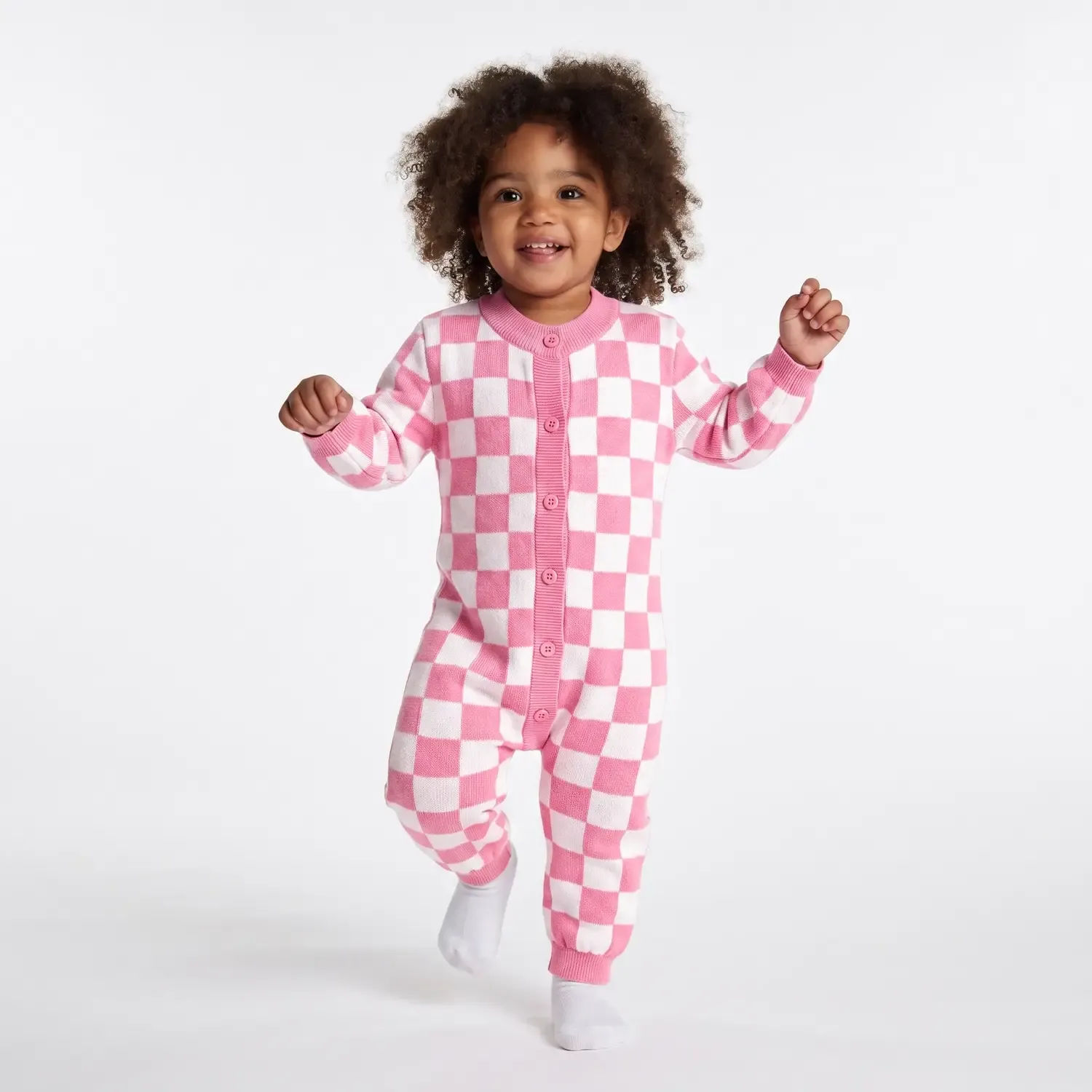 Pink Checkered Jacquard Knit Baby Romper