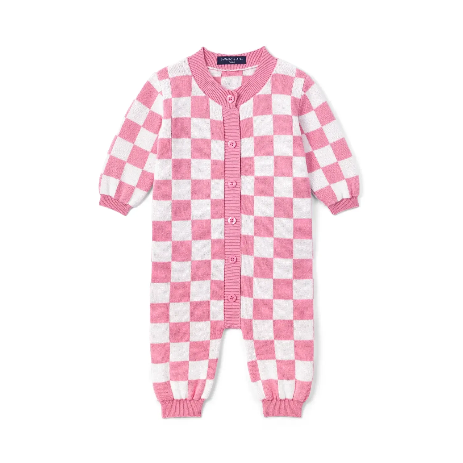 Pink Checkered Jacquard Knit Baby Romper