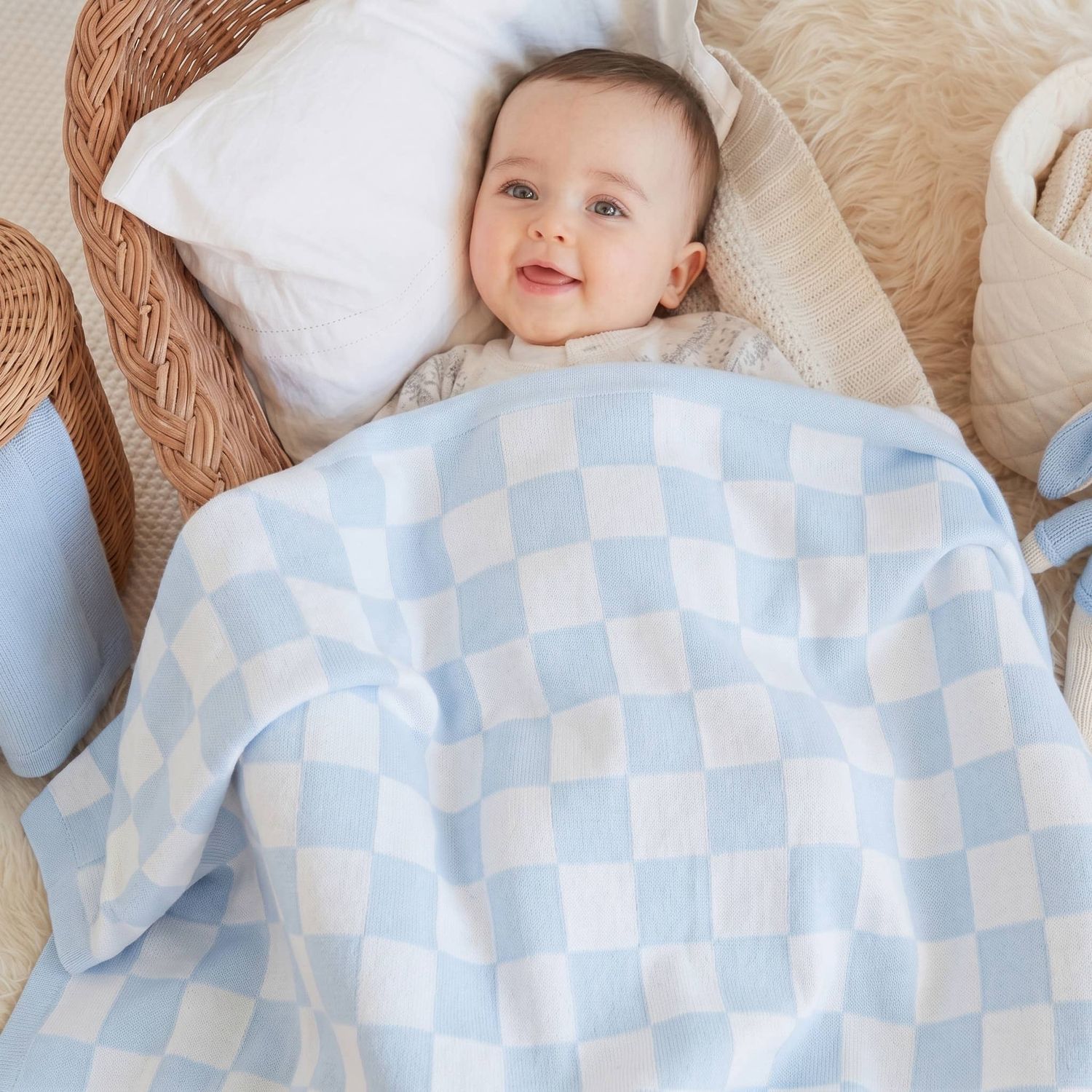 Blue Checker Reversible Jacquard Baby Knit Blanket