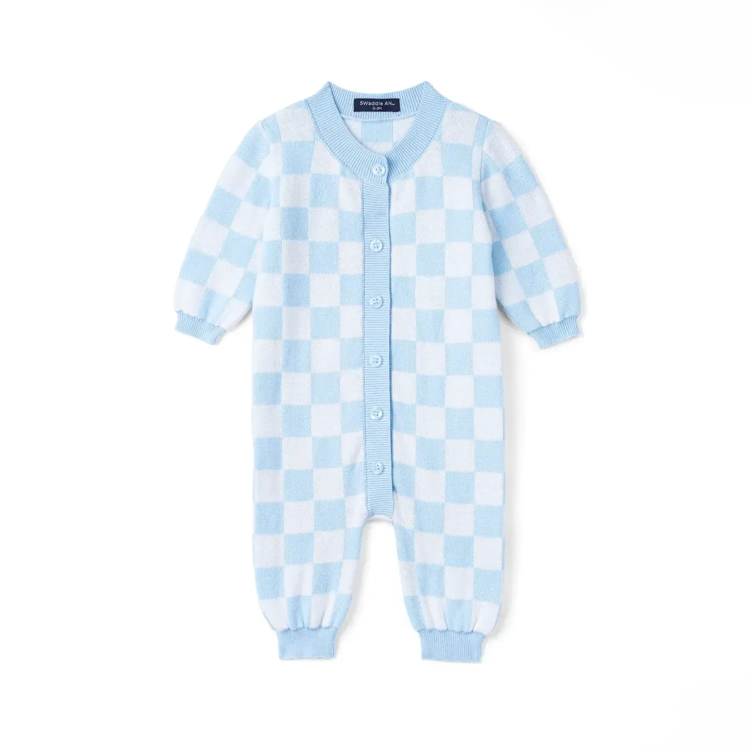 Blue Checkered Baby Knit Button Romper