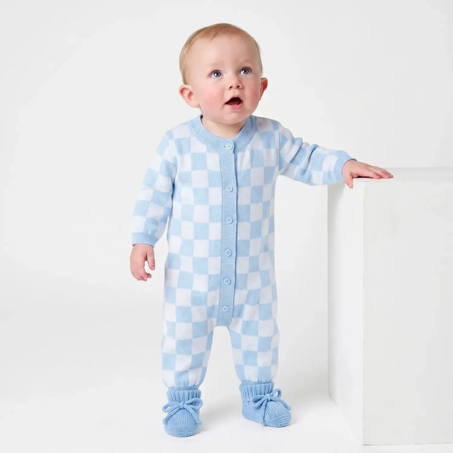 Blue Checkered Baby Knit Button Romper