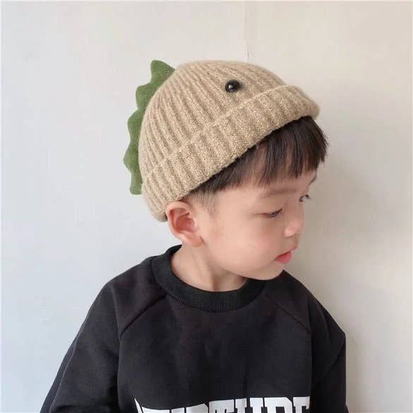 Handknit Wool Beanie for Toddlers and Kids, Dino, Color: Brown