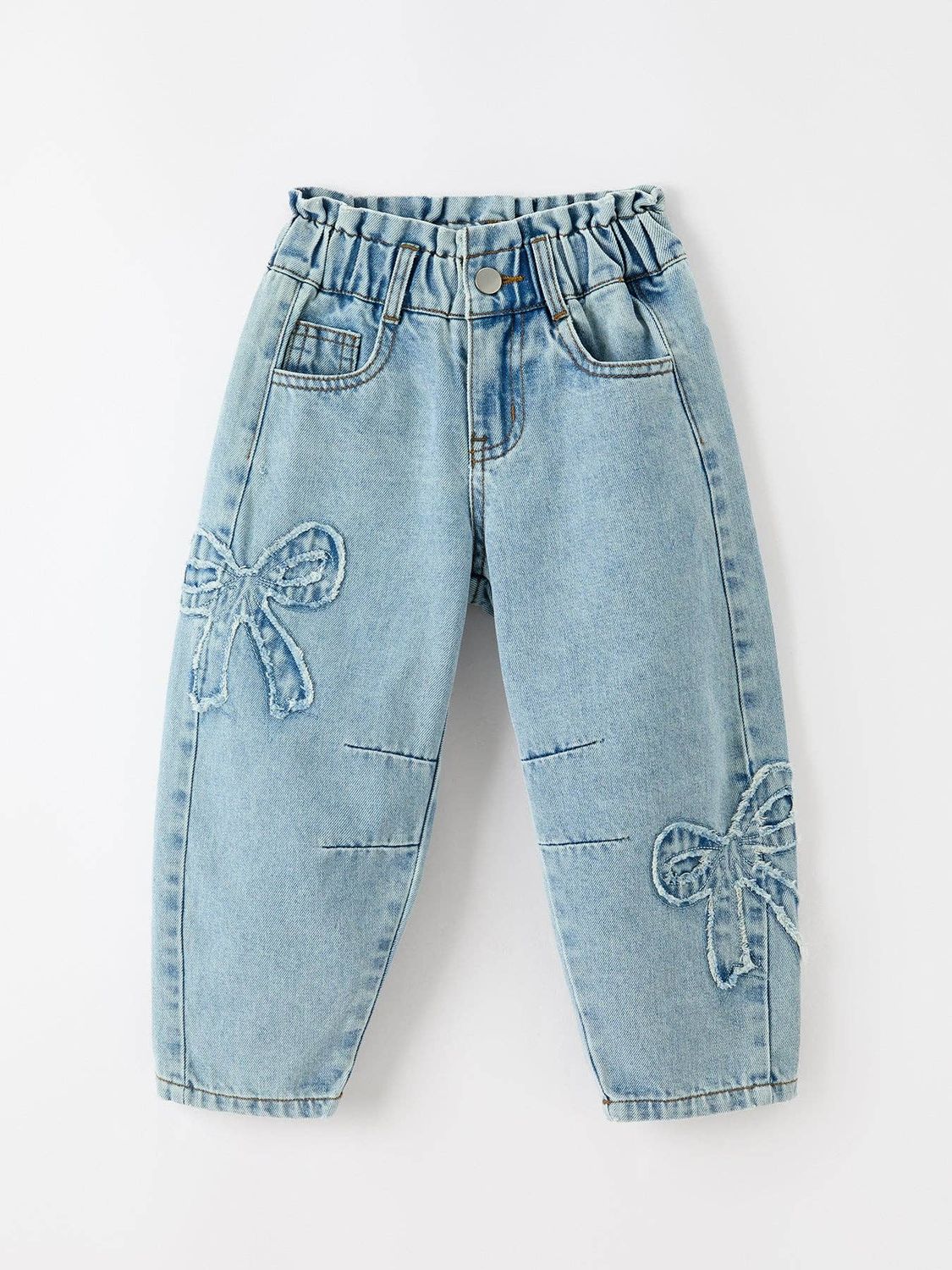 Girls Light Wash Bow Applique Relaxed Denim Jeans, Color: Light blue, Size: 12M