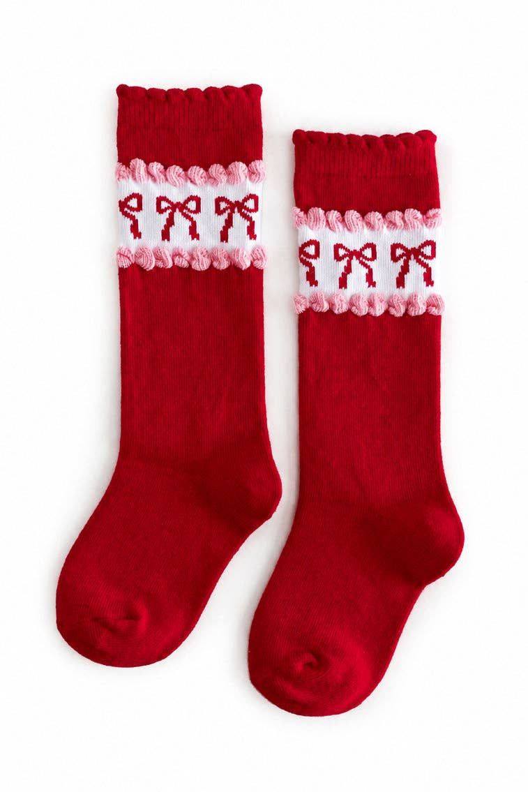 Red &amp; Pink Bow Scalloped Knee High Socks
