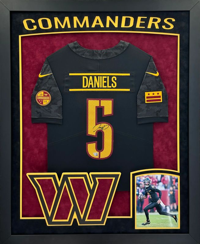 Washington Commanders Jayden Daniels Autographed Authentic Black Jersey Framed and Double Suede Matted