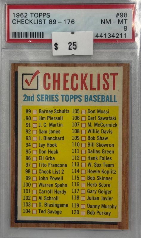 1962 Topps Checklist 89—176 #98 PSA 8 (NM-MT) #44134211