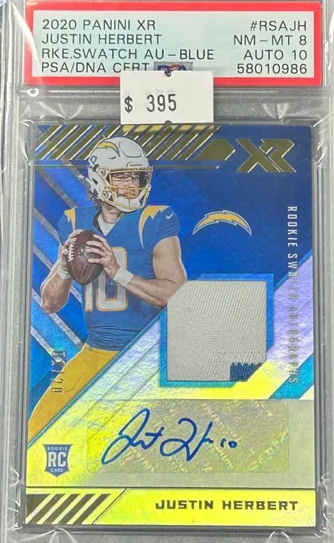 2020 Panini XR Justin Herbert #RSAJH Rookie Swatch Auto Blue PSA 8 (NM-MT) #58010986