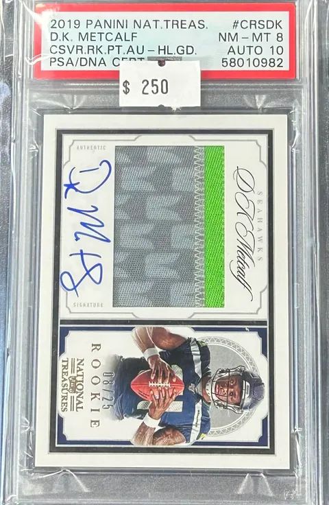 2019 Panini National Treasures D.K. Metcalf #CRSDK Crossover Rookie Patch Auto Holo Gold PSA 8 (NM-MT) #58010982