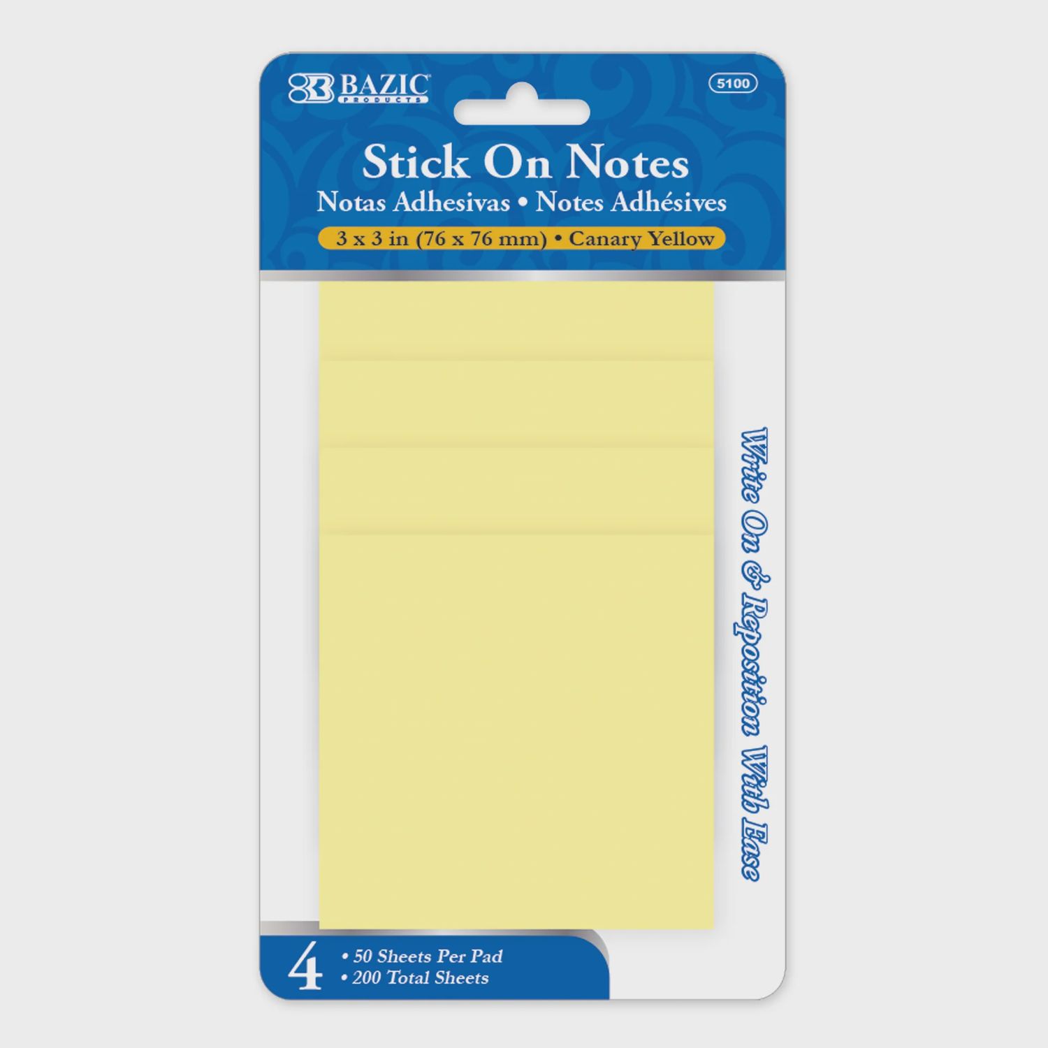 BAZIC 50 Ct. 3" X 3" Yellow-50 Ct. 3" X 3" Yellow Sticky Notes (4/Pack)