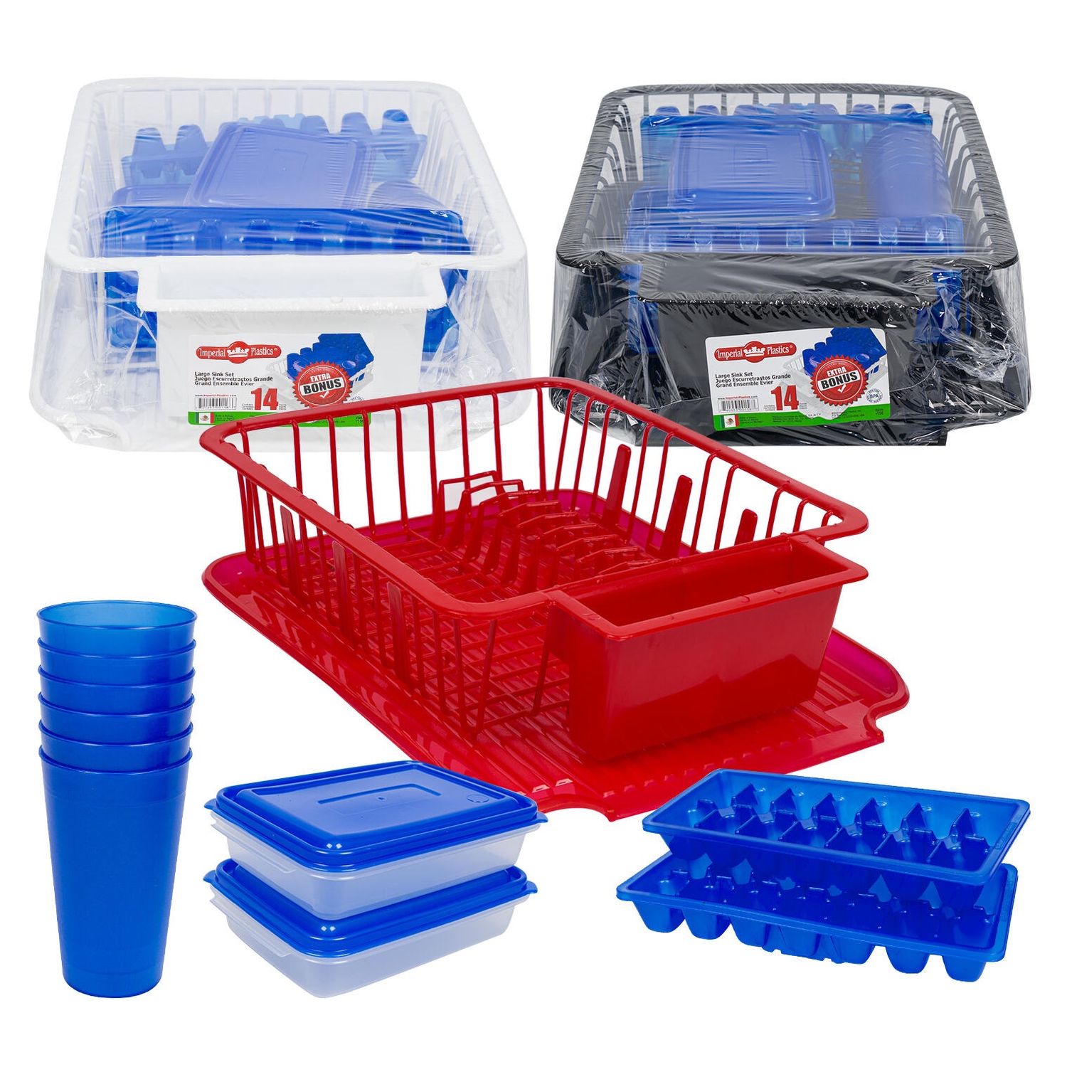 Imperial Plastics Large Sink Dish Drainer Set - 14 Pieces - Assorted Colors