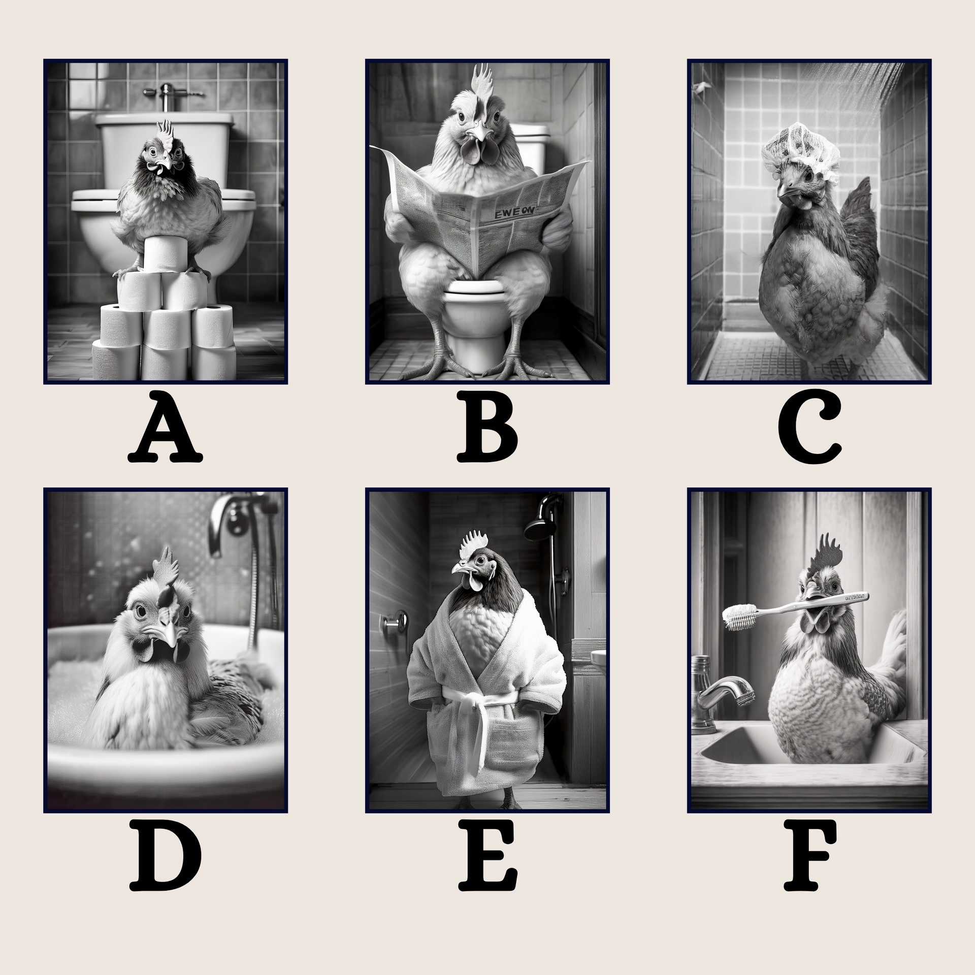 Chicken in the Bathroom Print B&W