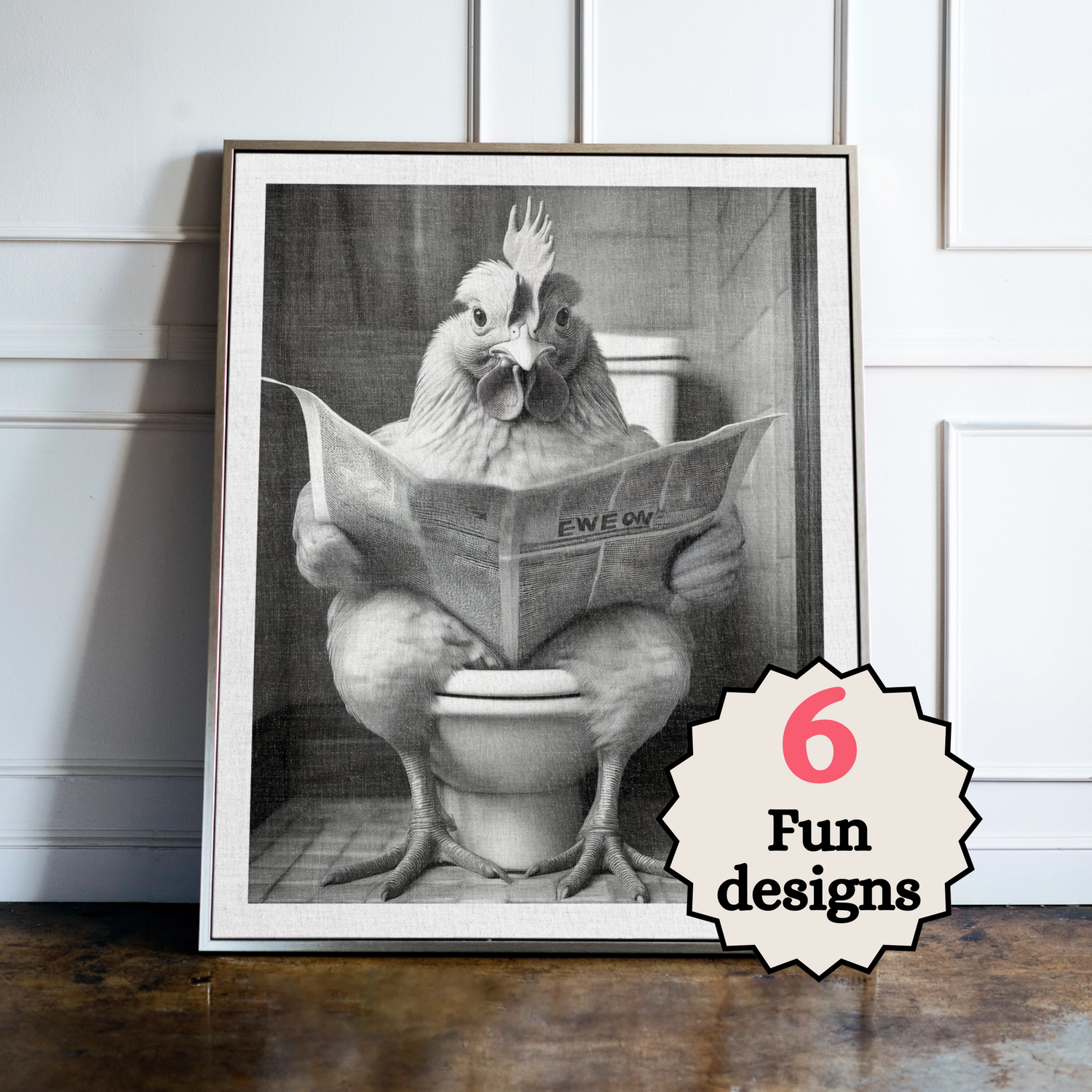 Chicken in the Bathroom Print B&W