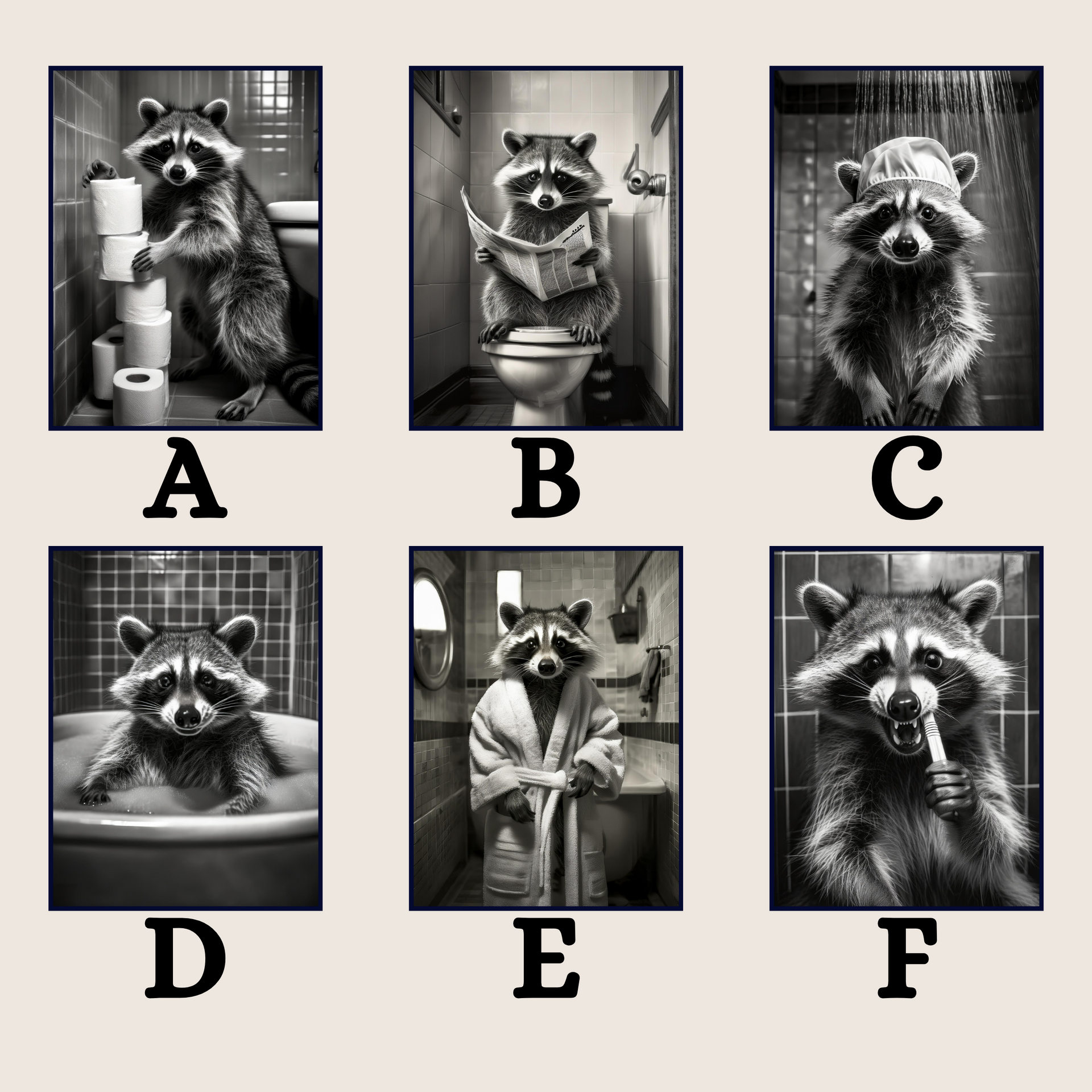 Racoon in the Bathroom Print B&W