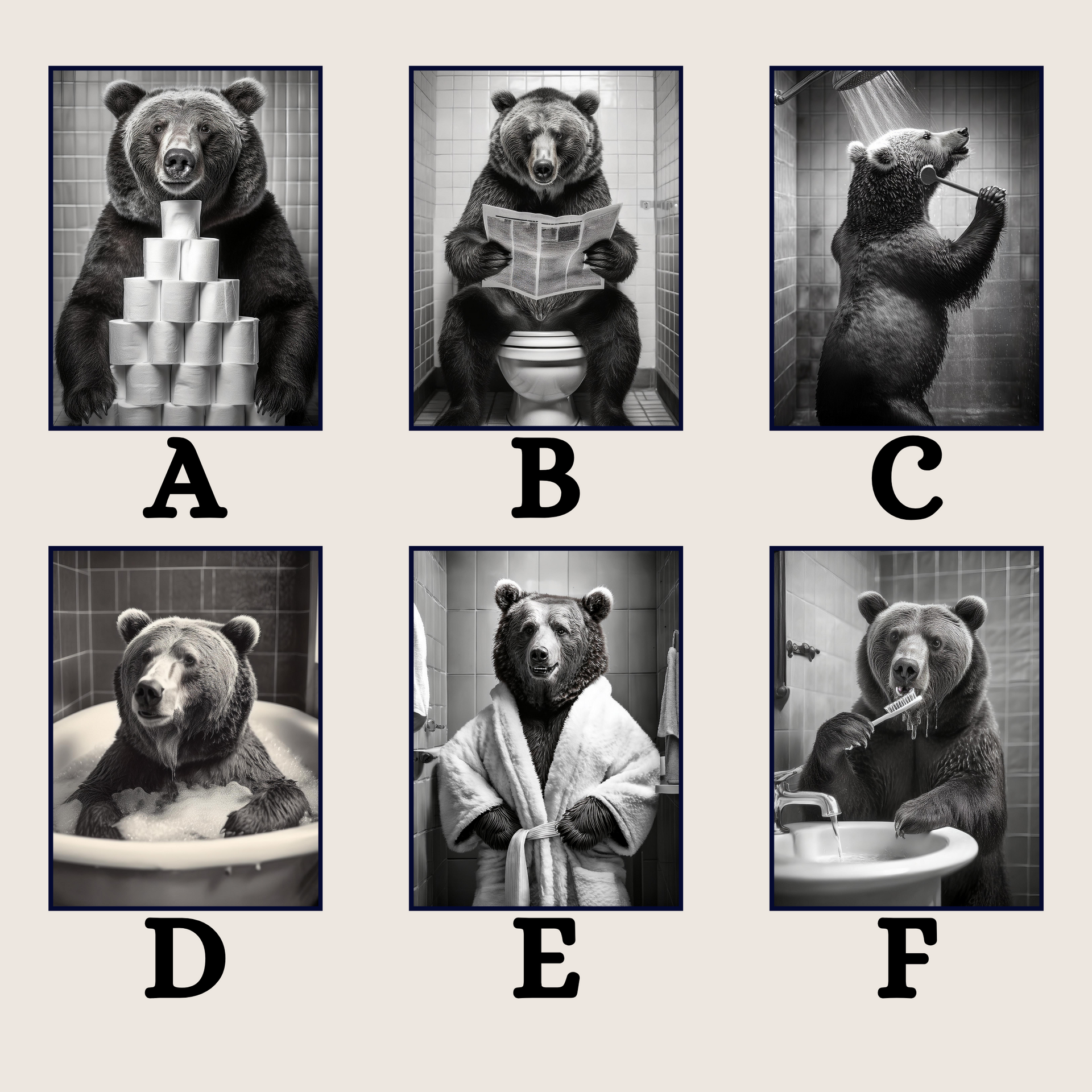 Bear in the Bathroom Print B&W