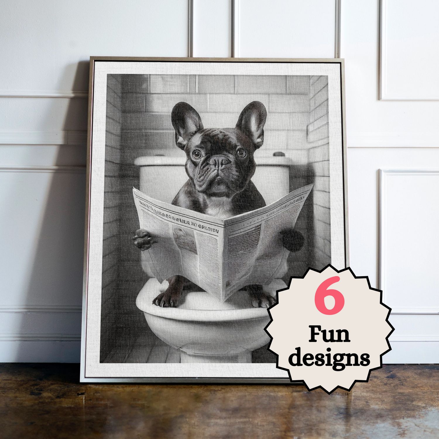 French Bulldog in the Bathroom Print B&W