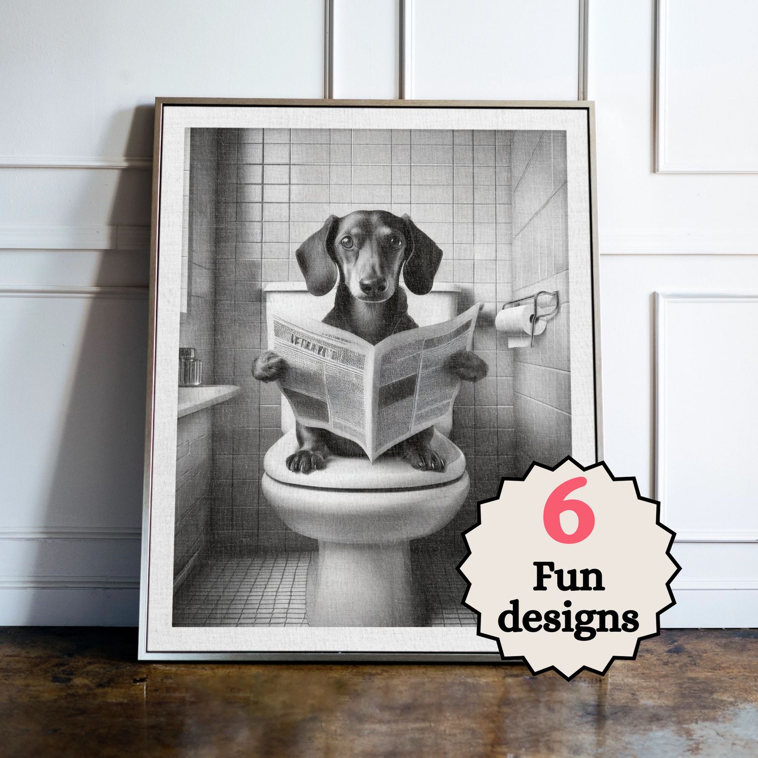 Dachshund in the Bathroom Print B&W
