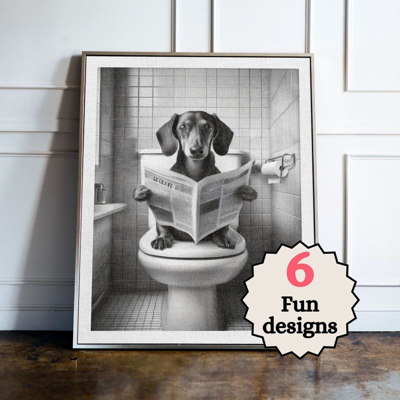 Dachshund in the Bathroom Print B&W