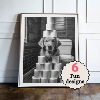 Golden Retriever in the Bathroom Print B&W