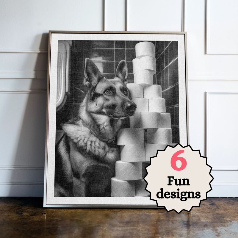 German Shepherd in the Bathroom Print B&W