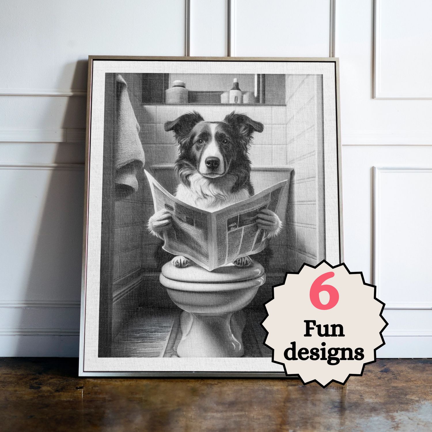Border Collie in the Bathroom Print B&W