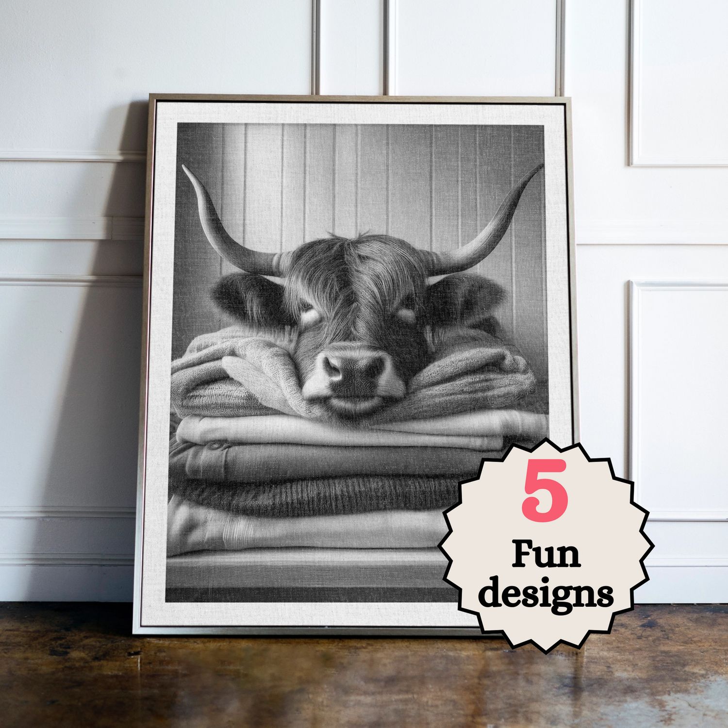 Highland Cow doing the washing Print B&W