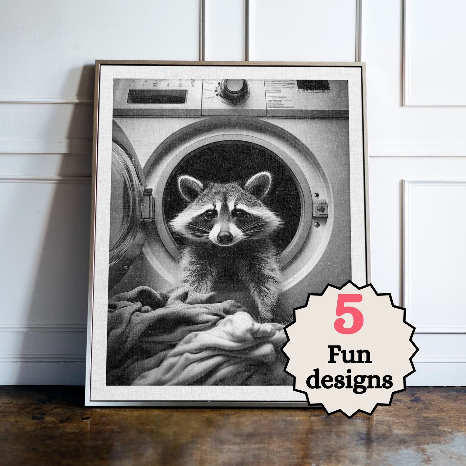 Racoon doing the washing Print B&W