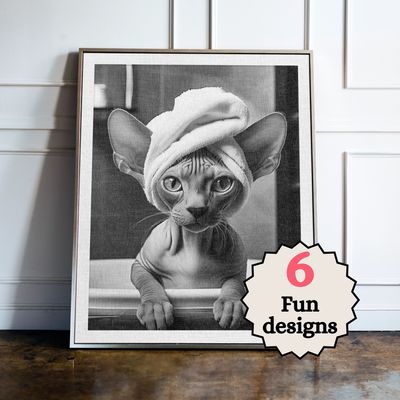 Sphynx Cat in the Bathroom Print B&W